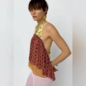 Zara NWT Red & Yellow Patterned Halter Blouse